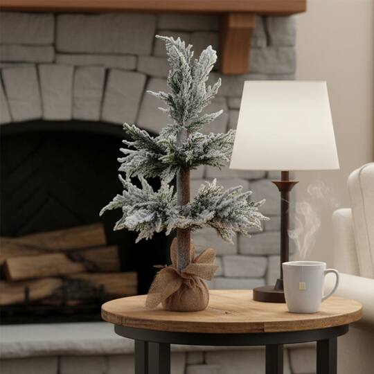 Northlight 27.5" Heavily Flocked Pine Christmas Tree in Natural Jute Base